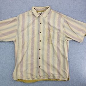 Tommy Bahama shirt mens large 100% Silk Striped floral Button Down Short Sleeve